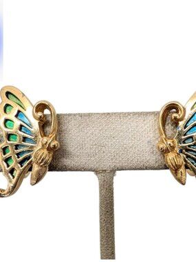 Vintage Signed Napier Goldtone Green & Blue Enamel Butterfly Clip Earrings